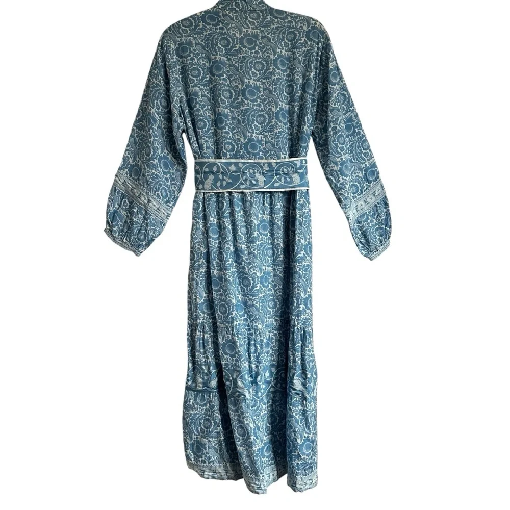 Cyclamen Jaipur Block Print Cotton Midi Dress Blue Peacock Prairie Cottagecore S